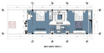 Mặt bằng tầng 2: Lõi thang, hai phòng ngủ, 2 phòng vệ sinh