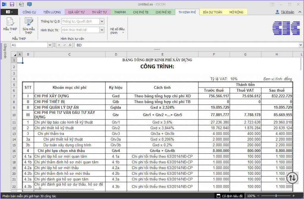 Phần mềm dự toán ESCON 15