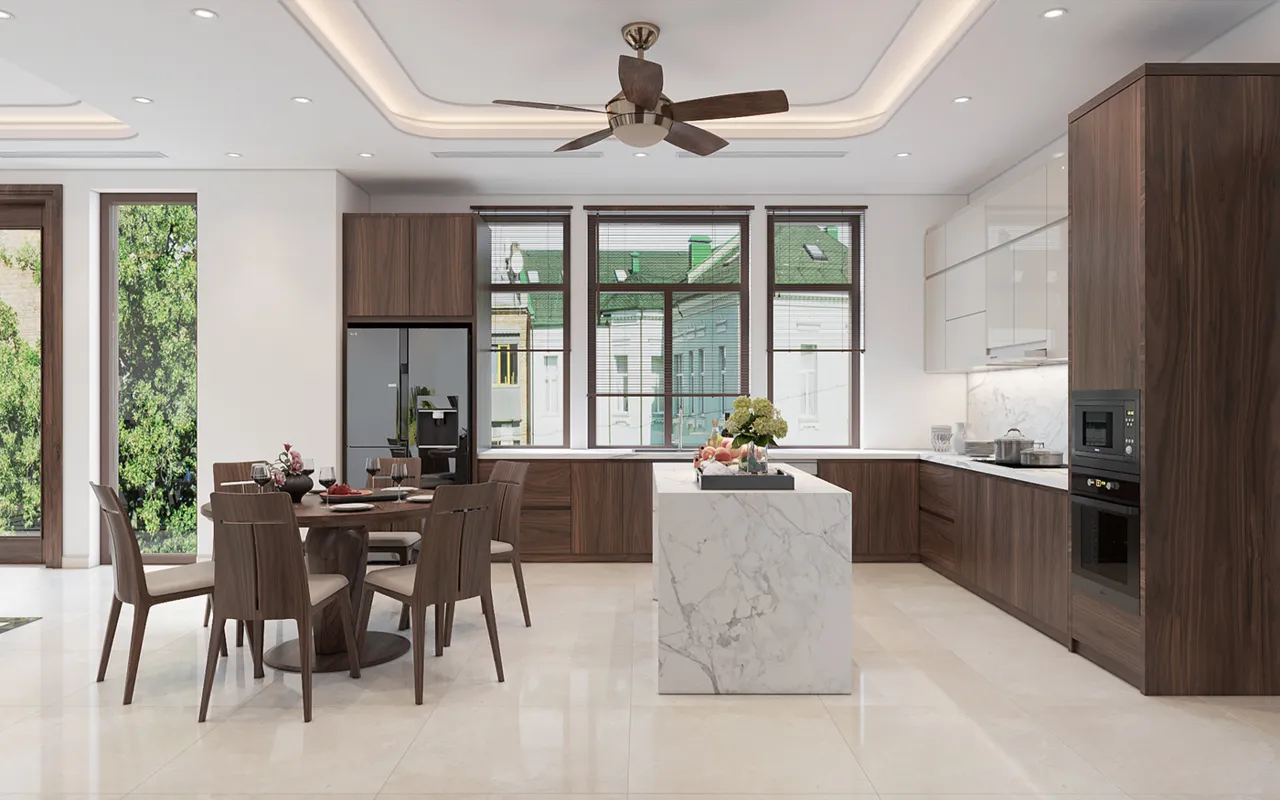 cách phối màu đậm nhạt phòng bếp
