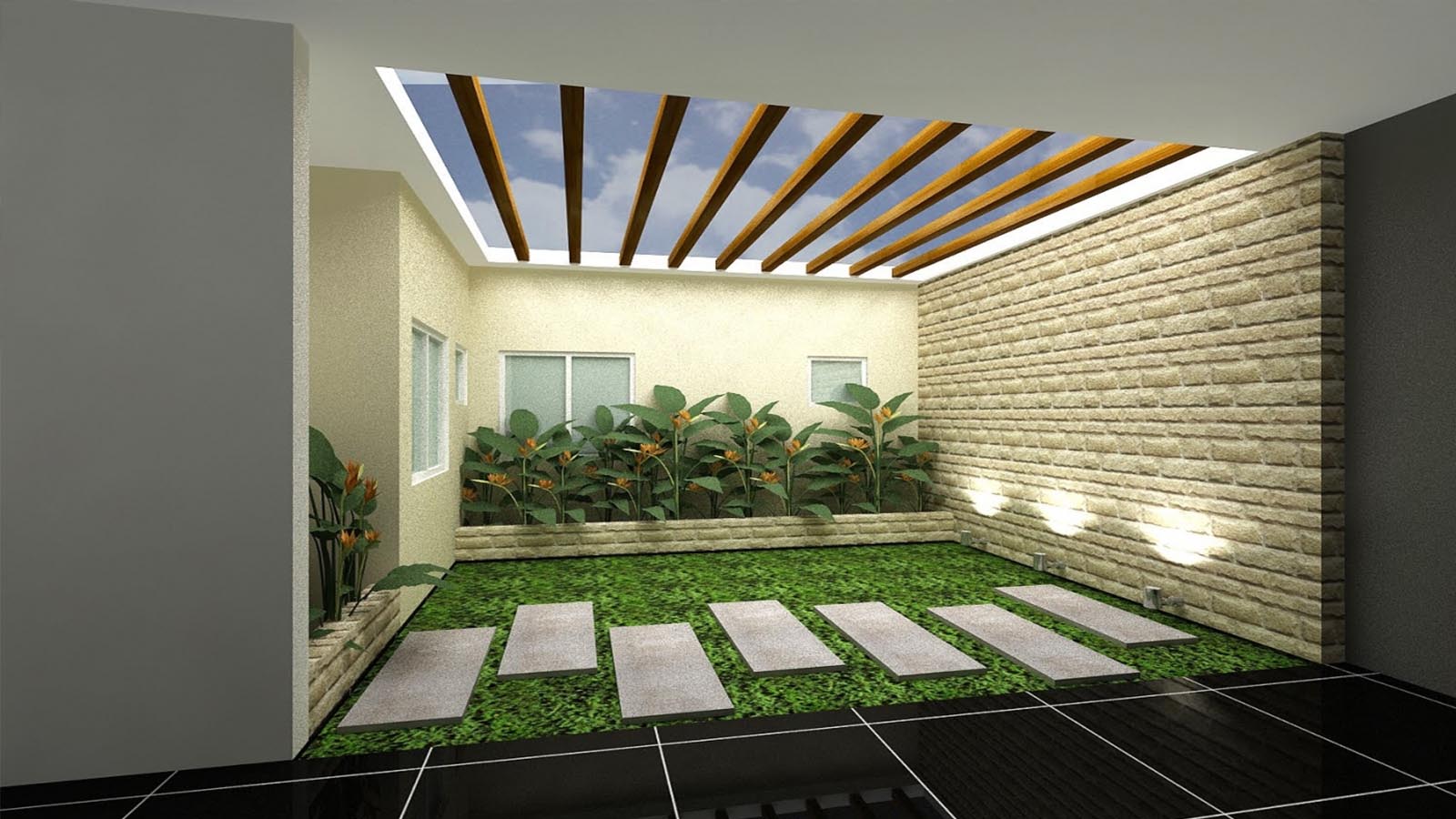 đá ốp giếng trời đẹp kiểu tối giản