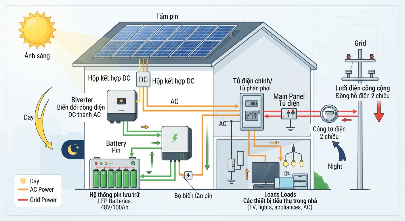 sơ đồ lắp đặt pin năng lượng mặt trời